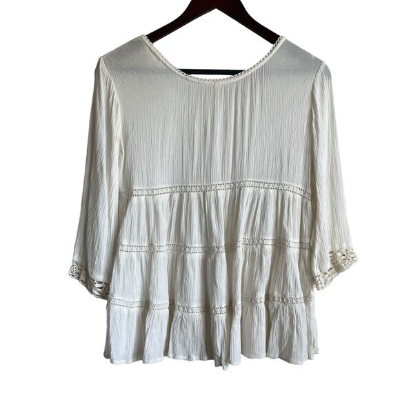 Japna Women Crop Top XS Ivory Embroidered Gauzy Crochet Inlet Boho Peasant Flowy - Picture 3 of 10